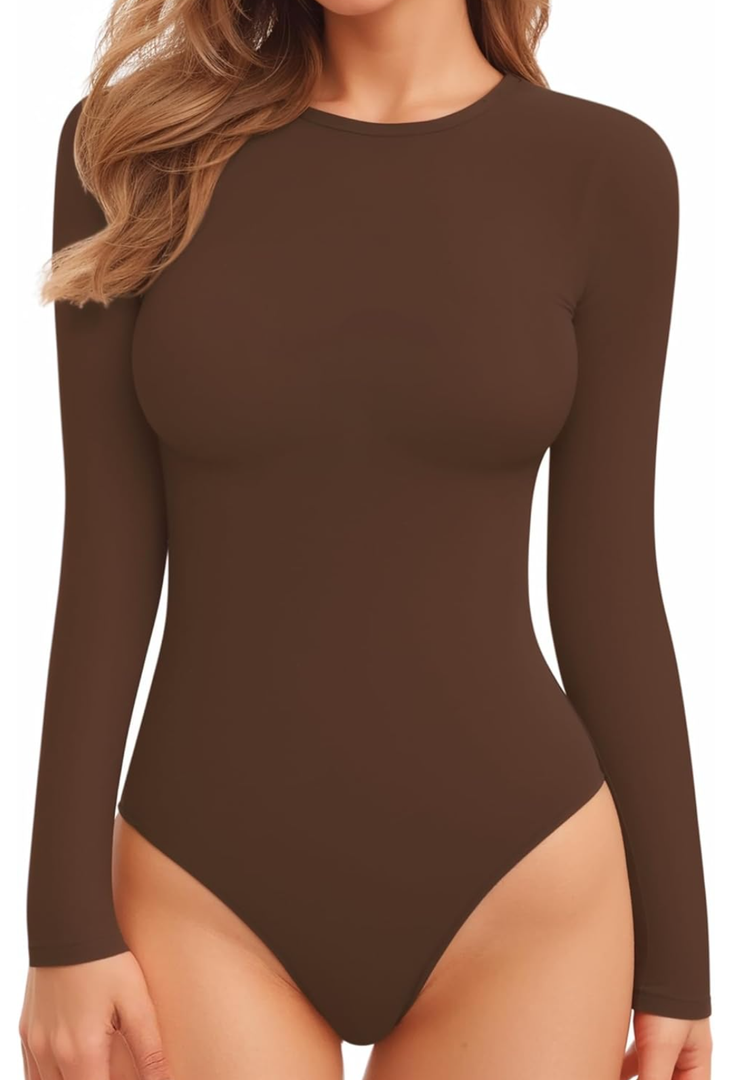 MANGOPOP Tank Top Body Suits Women Sexy Crew Neck Racerback Halter Ribbed Sleeveless Bodysuit for Women Long Sleeve, Size Medium 