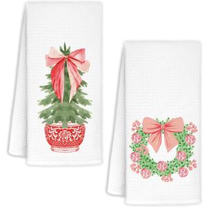 Christmas Chinoiserie Kitchen Towels Decor,Red Bow Coquette Christmas Tree Towels Gifts,Red Christmas Hand Towels for Bathroom Kitchen,Grandmillennial Decor, 16x24 Inches Set of 2