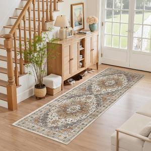 Madane Washable Runner Rug - 2x6 Rug Runners for Hallways 6 Feet Non Slip Vintage Kitchen Runner Rug Ultra-Thin Bathroom Runner Rugs Carpet Laundry Room Bedroom (2x6ft, Turmeric/Grey)