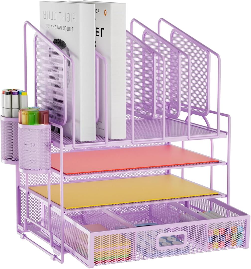 Marbrasse Desk Organizers, 4-Tier Mesh Desk File Organizer with 5 Vertical File Holders and 2 Pen Holders, Multifunction Desktop Organizer,Desk Organizers and Accessories for Home Office (Purple) (Purple Vertical File Folder)