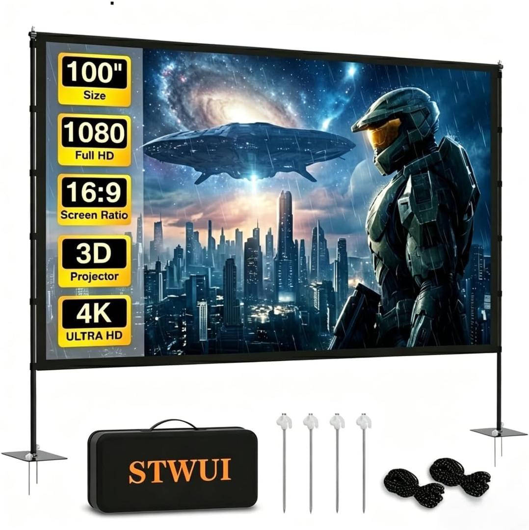 STWUI Outdoor-Projector-Screen-with-Stand - 120 inch Portable Projector Screen Indoor Outdoor Projector Screens 16:9 4K HD Lightweight Movie Screen with Carry Bag for Backyard Movie Night