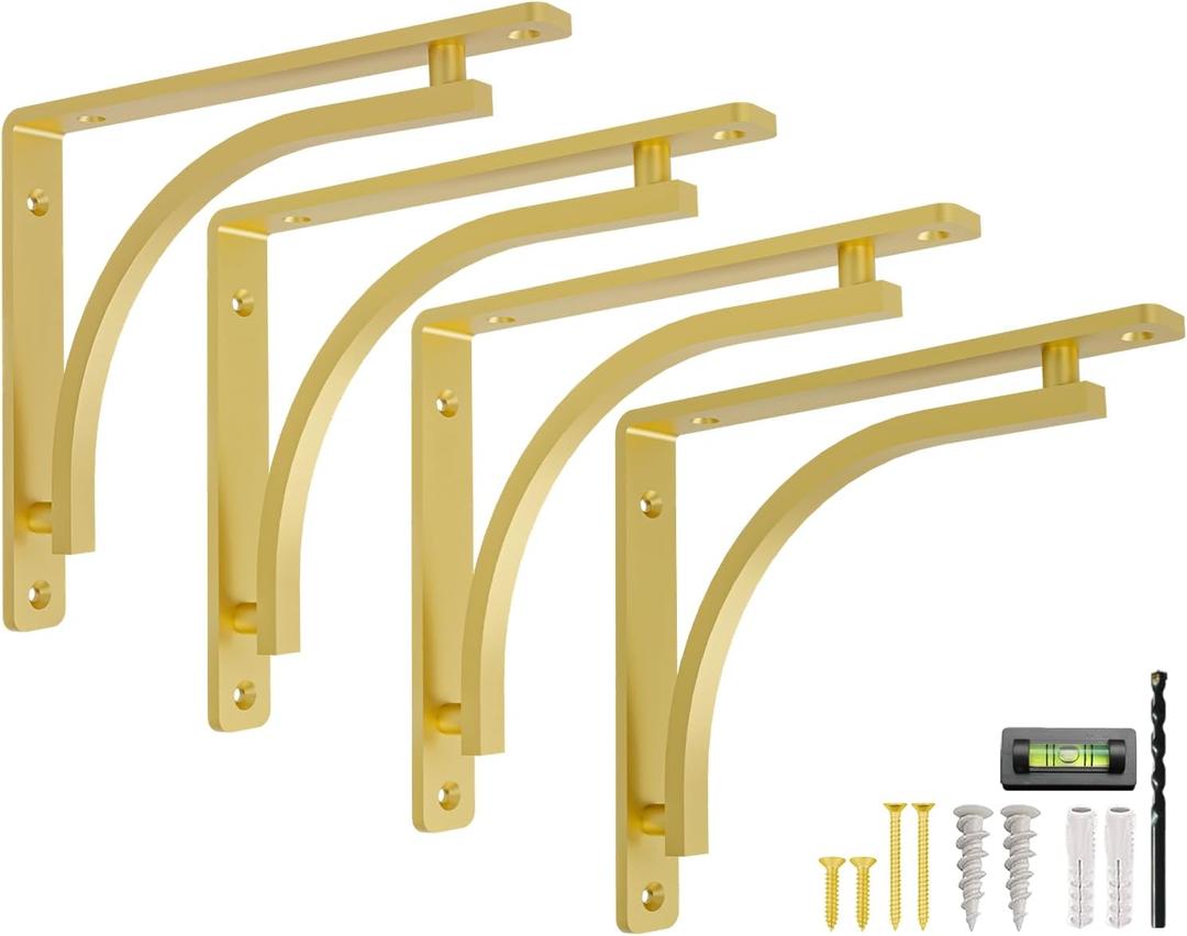 Classic Brass Heavy Duty Shelf Brackets 10 inch by Balin Designs  Gold L Bracket, Wall Mounted Support, Shelving Metal Bracket, Decorative Shelf Brackets, with Hardware Included, Set of 4