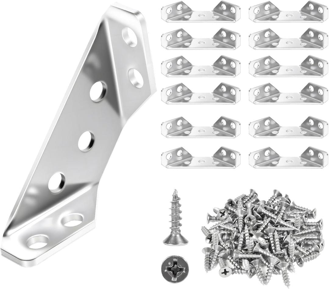 12 Pack Universal Stainless Steel Furniture Corner Connectors with Screws Heavy Duty Triangular Brackets for Wood Furniture, Cabinets, Tables, Chairs, Drawers, and Shelving 84 Screws