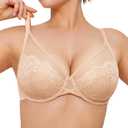 Popilush Minimizer Bras for Women Plus Size Full Coverage Lace Underwire Support Push Up Bra for Heavy Breast Everyday Wear (42D, Warm Beige)