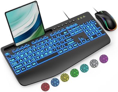 Keyboard and Mouse Combo Wired, Large Print Computer Keyboards with Wrist Rest, Lighted RGB Backlit Keyboard Easy to See, Ergonomic Light Up USB Keyboard Set for PC, Windows, Laptop SABLUTE