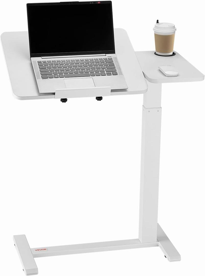 VEVOR Overbed Table, Mobile Bed Side Table with Flip Desktop and 4 Hidden Wheels, Height & Angle Adjustable Rolling Laptop Desk with Cup Holder, Portable Over Bed Desk for Home, Office, Study, White, 27.75 x 15.75 x inches