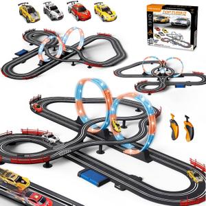 Slot Car Race Track 1:43 Scale For Kids LED Tracks Electric Powered Dual Racing 4 Cars with Headlights Toy Big Track Sets Gift for Boys Children 6+ Years Old