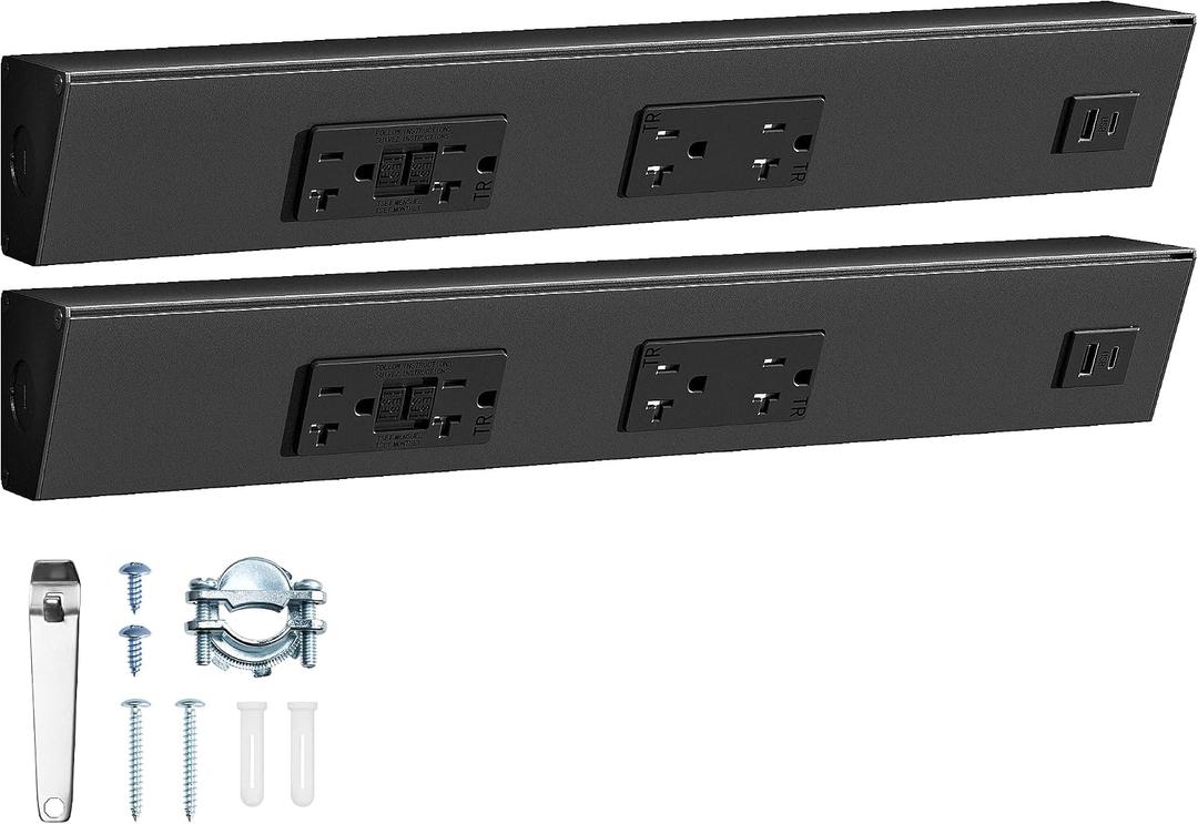 SURAIELEC 2-Pack 16 in Under Cabinet Power Strip with GFCI Outlet, Black