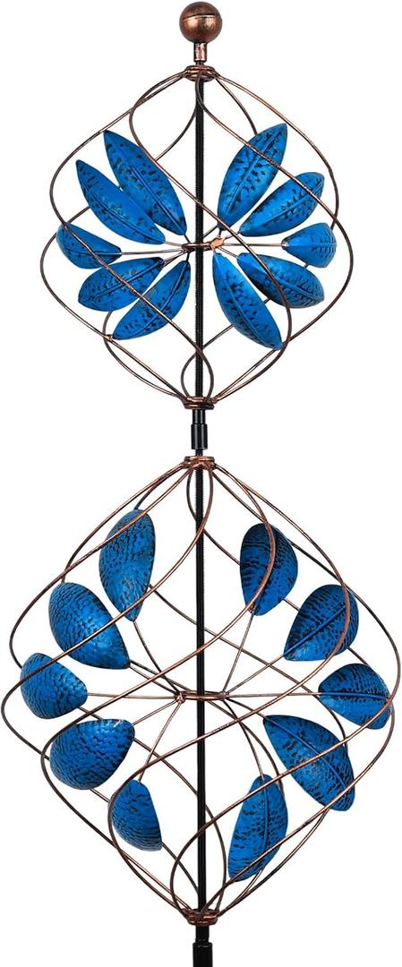 Hogardeck Large Wind Spinner Outdoor, 85" Metal Kinetic Wind Spinner with Heavy-Duty Stakes, 360 Rotating Double-Layer Retro Yard Art for Home Outside Garden Lawn Backyard Patio Decor (Blue, Bronze)