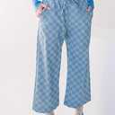 SELINK Women Casual Checkered Elastic High Waist Loose Pajama Pants with Pockets Plaid Straight Wide Leg Soft Daily Trousers (Blue, S)