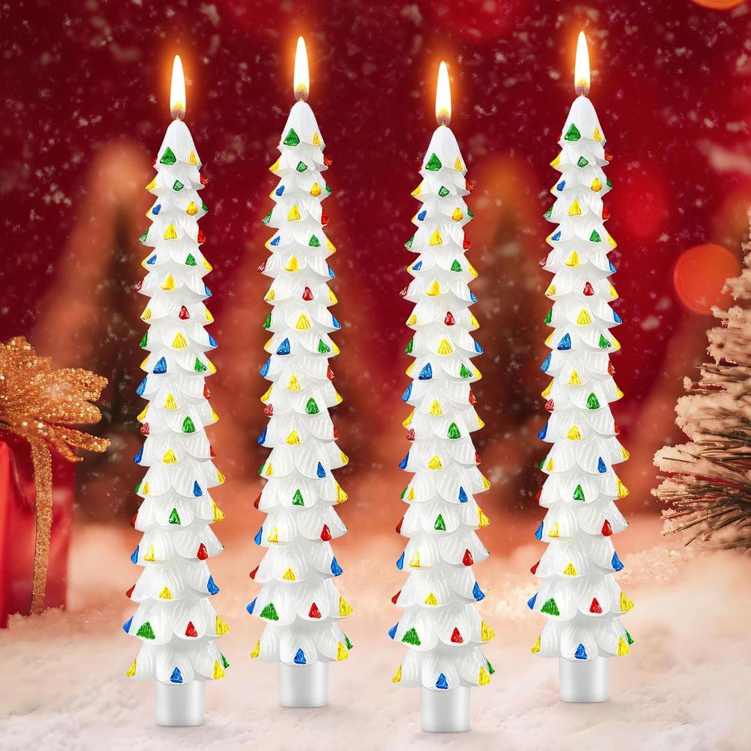 4 Pack 10 Inch Christmas Tree Candles, Premium Natural Unscented Beeswax Christmas Tree Shaped Taper Candles with Cotton Wick, for Xmas Holiday Decor Party Banquet (White with Multicolor Trim)