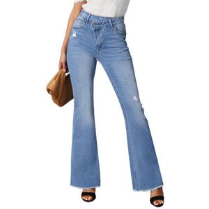 Sidefeel Women's Bell Bottom Flare Jeans High Waisted Stretchy Ripped Distressed Raw Hem Denim Pants with Pockets Light Blue Size 4 (Blue)