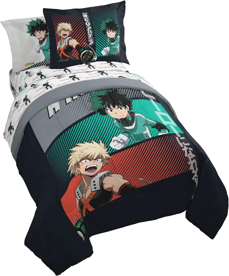 Jay Franco Kids Comforter Set Includes Sheets and Pillow Covers - Soft and Cozy Bed Set for Stylish Room Decor, Black - My Hero Academia, 5 Piece Twin Size Bedding