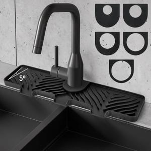 Silicone Faucet Splash Guard - 5Slope Kitchen Sink Splash Guard, 17.8 * 5.2 * 0.8 Inch Faucet Mat for Kitchen Sink with 5 Sizes of Rubber Rings, Silicone Sink Mat for Kitchen Bathroom (Black)
