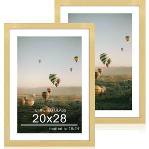 20x28 Poster Frame Set of 2, 20 x 28 Wood Picture Frames with Mat for 16x24, Wooden Photo Frame with Tempered Glass Cover for Wall Mounting Display, Gold, 20x28-2Pack