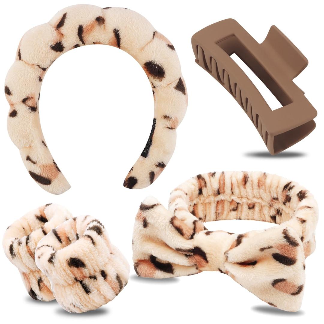 Chanaco Spa Headband, Makeup Headband with Wrist Bands, Hair Accessories for Washing Face and Teen Girl Gifts for Women (beige leopard)