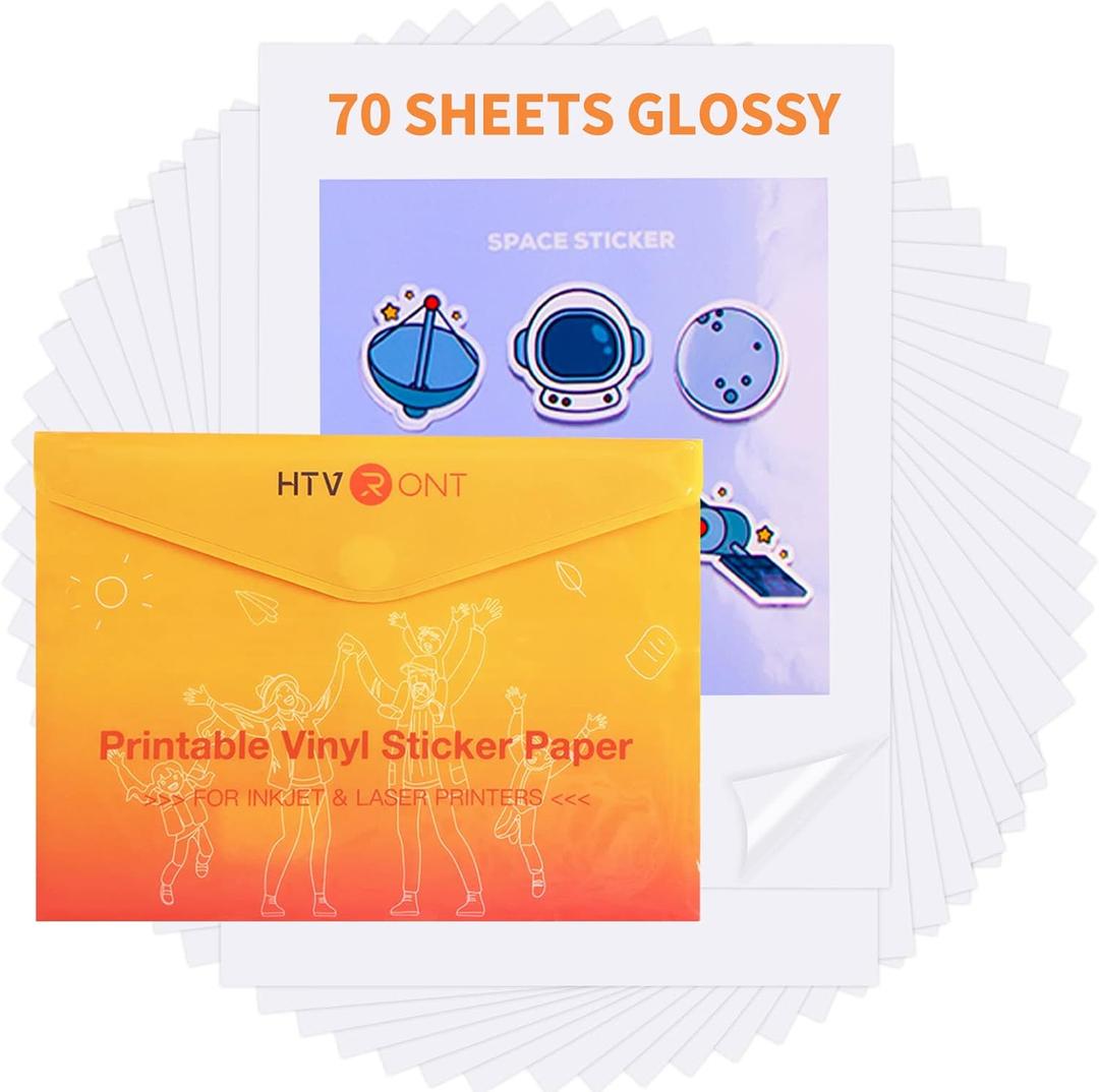 HTVRONT Printable Vinyl Sticker Paper - 70 Sheets Glossy Waterproof Sticker Paper for Inkjet Printer & Laser Printer, Dries Quickly & Tear Resistant, 8.5"x11"