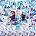 Cartoon Frozen Birthday Party Supplies Decorations, Including Birthday Banner, Backdrop, Balloons, Tablecloth, Hanging Swirls, Cake Toppers, Plates, Forks, Spoons, Napkin