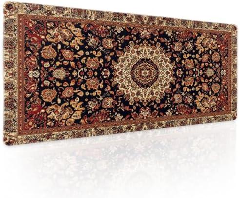 Vintage Rug Gaming Mouse Pad XL Dark Brown Retro Carpet Aesthetic Extended Large Mat Mousepad Desk Pad Non-Slip Rubber Base Stitched Edge Flower Keyboard Pad Playmat for Computer,31.5×11.8 Inch