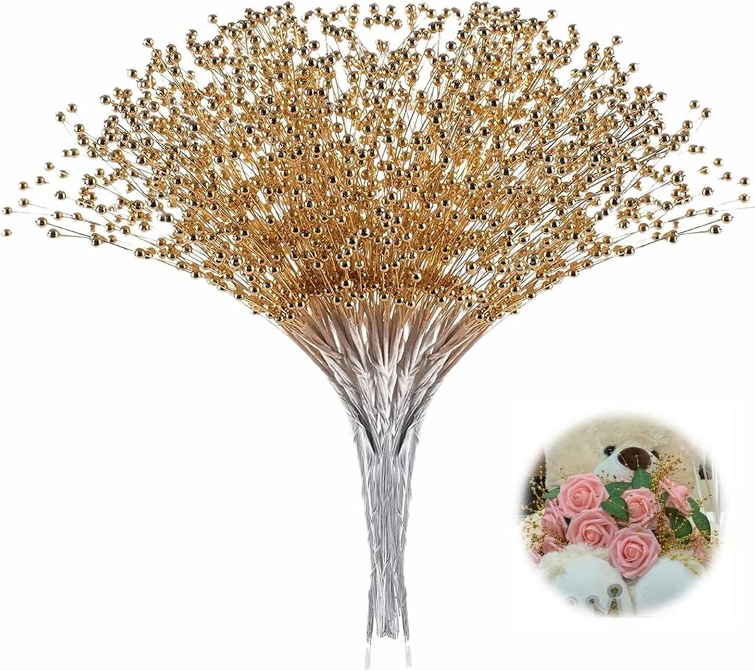 XINHUIDALSQ 100Pcs Pearl Bouquet Party Decoration Pearl String Beaded Garland 4mm Beads Garlands for Christmas Decoration Wedding Mother's Day Party Decoration, Christmas Floral Picks(Gold)