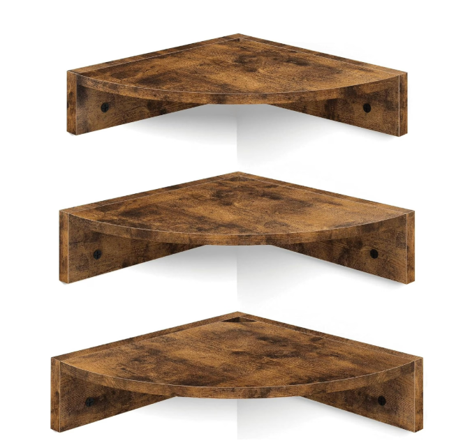 Corner Shelf Wall Mount, Set of 3 Floating Corner Shelves with Cord Hole, 3 Tier Wood Wall Display Shelf, Storage for Bathroom Living Room Kitchen Bedroom, Rustic Brown and Black