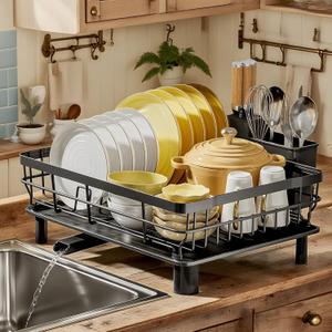 Dish Drying Rack, Dish Rack, Stainless Steel Dish Racks for Kitchen Counter, Dish Drainer with Removable Utensil Holder, Drainboard (Black)