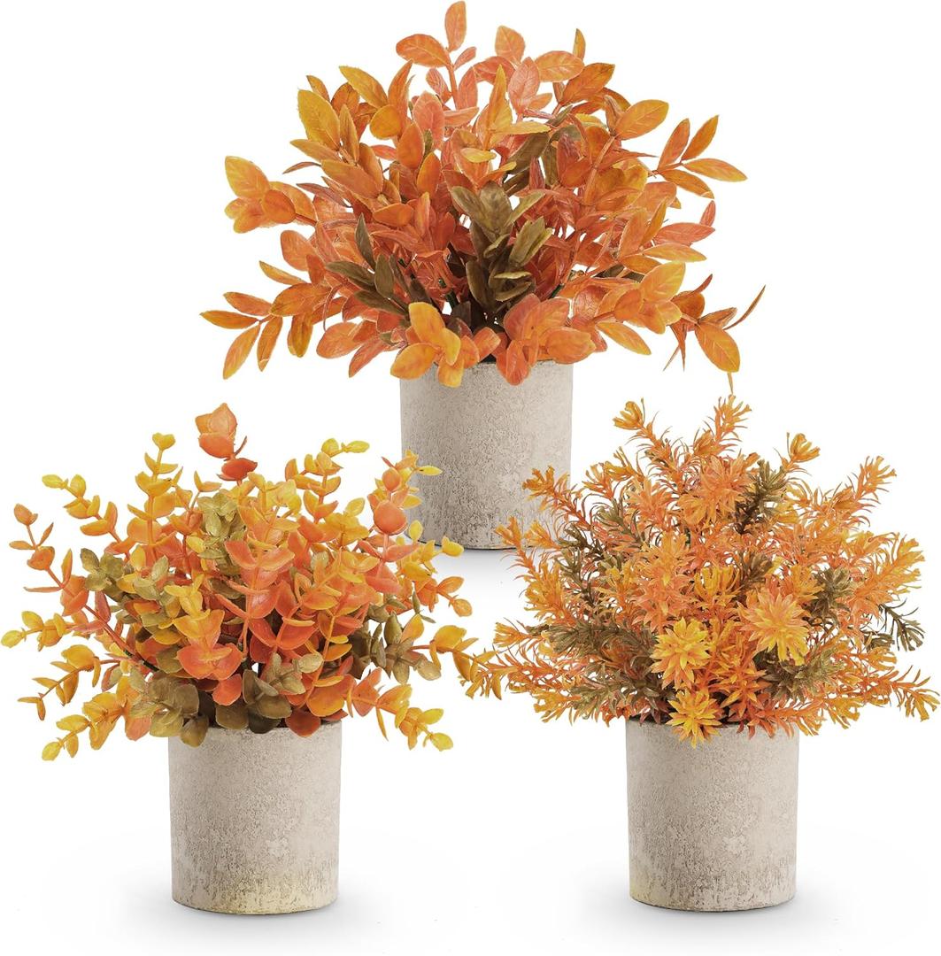 Der Rose 3 Pack Fall Mini Potted Fake Plants Artificial Plastic Eucalyptus Plants Topiaries Fall Decorations for Home Office Desk Farmhouse Room Bathroom Fall Decor (Orange)