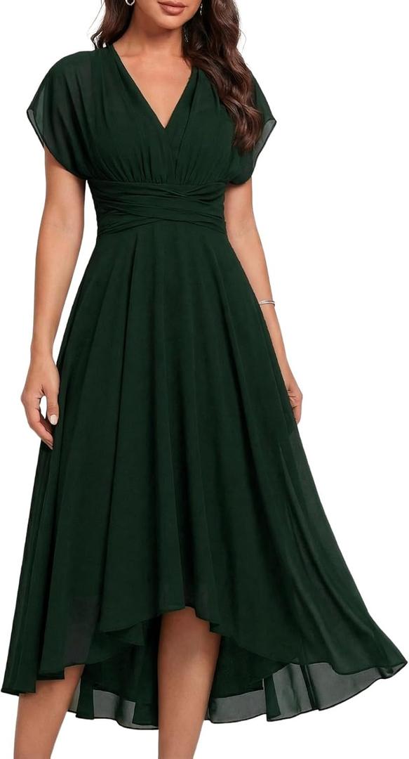 Women's Black Chiffon Dress Ruffle Short Sleeve Formal Dresses 2026 Summer Fashion Sexy Empire Waist Midi Dresses (Green)