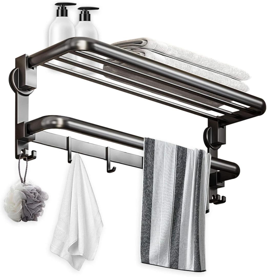 Aluminum Suction Cup Towel Rack with Towel Bar Holder, No Drill Foldable 18 Inch Towel Shelf with 8 Hooks,Towel Storage Organizer for Bathroom Bath Shower, Grey