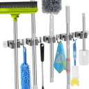 voze 5 Racks and 4 Hooks Mop and Broom Holder Wall Mount, Self Adhesive Heavy Duty Broom Hanger Organizer Storage Tool Racks for Kitchen Garden Laundry Garage (Silver)