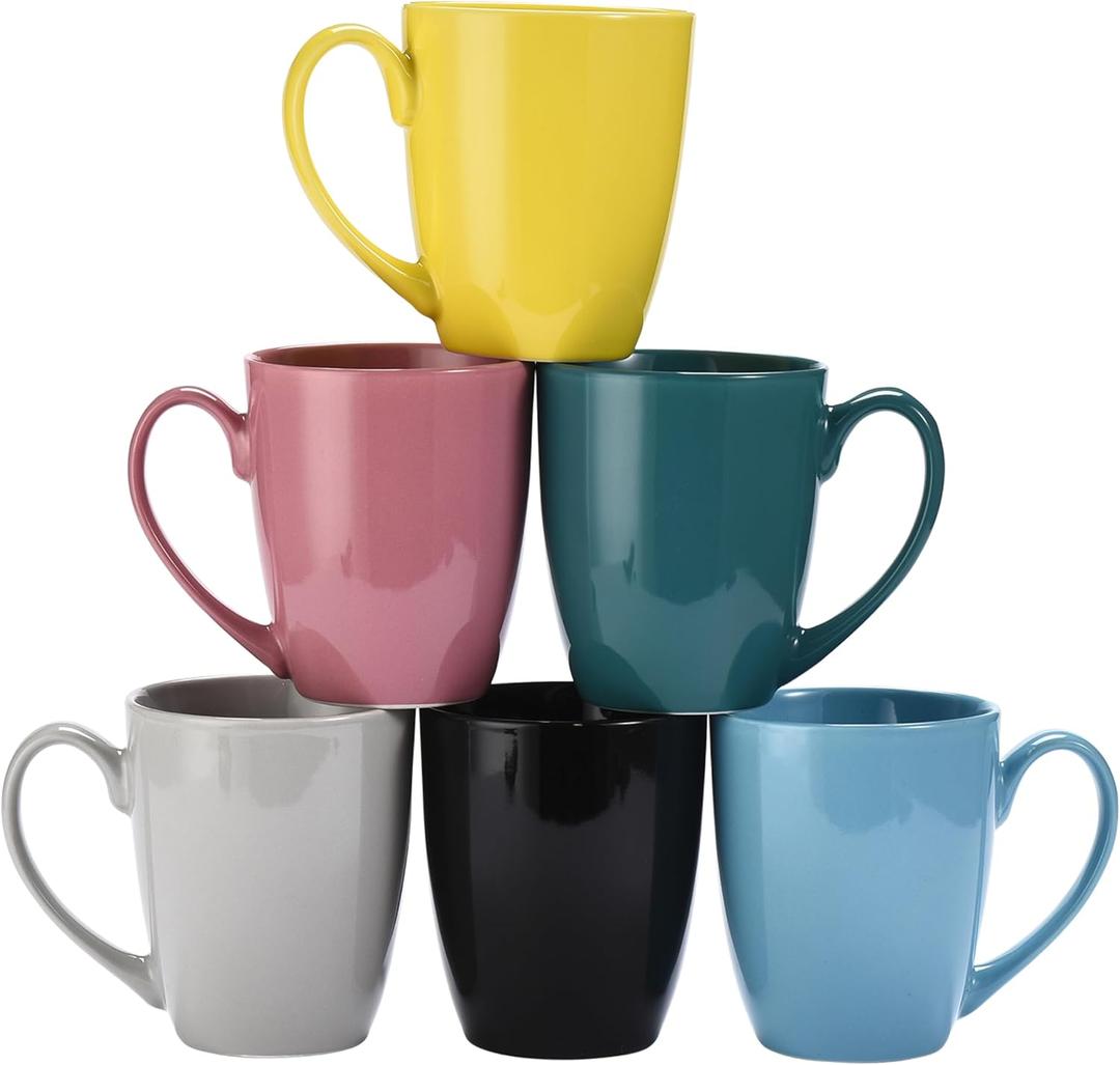 Bruntmor 6 Pack Large Coffee Mug Set - Large-sized Ceramic Drinking Cup for Coffee, Tea, Juice - Colorful Dinnerware Cups - Assorted Colored Mugs - Dishwasher Microwave Safe