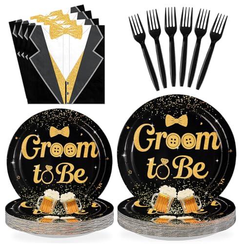 Greencian 96Pcs Groom to Be Party Supplies Groom Shower Bachelor Plates and Napkins Black Gold Theme Party Disposable Paper Tableware Set for Engagement Wedding Bridal Shower Party Supplies Serves 24