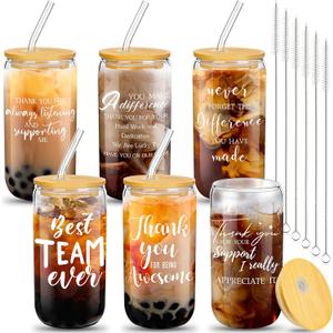6 Set Employee Appreciation Gifts Glass Cups Bulk Thank You Gifts for Team Coworkers Staff Teachers and Nurses 16 oz Can Shaped Glass Cups with Bamboo Lids and Straws(Grateful Style)