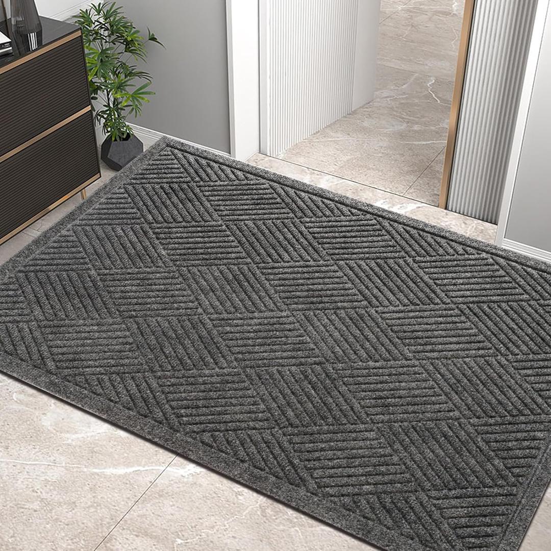 Sturdy Front Door Mat, Absorbent Muddy Dirt Resist Welcome Door Mats Outdoor Indoor, Stain and Fade Resistant, Non-Slip Rubber Backing Low Profile Doormat for Entryway, 6036, Grey (3' x 5' (Rectangular)