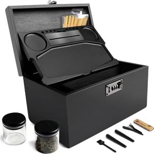 Extra Large Bamboo Stash Box with Combination Lock, Smell Proof Tube & Jar, Storage Containers with Brush & Tray, Great Home Decor & Fathers Day Gift (Black)