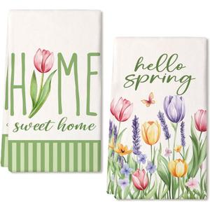 Tulip Hello Spring Kitchen Towels Set of 2,Green Floral Dish Hand Towels Farmhouse Indoor Outdoor Holiday Seasonal Decorations DD094 (Pink)