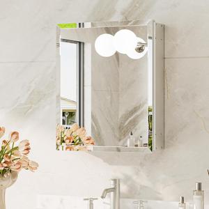 TokeShimi 14 x 18 Recessed Medicine Cabinet with Mirror, Assembly Required, Silver Medicine Cabinet for Bathroom, Tempered Beveled Mirror, Stepless Adjustable Shelves, DTC Hinge
