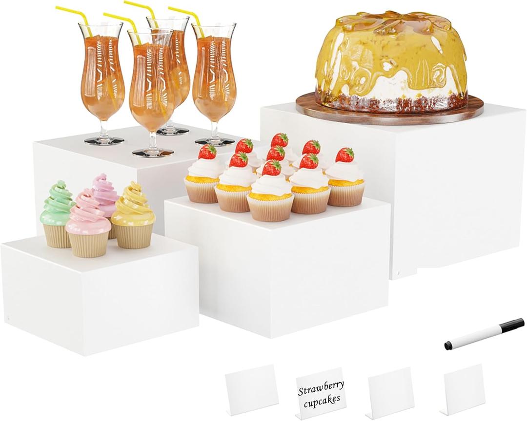 Metal Buffet Risers, 4PCS Food Risers for Buffet Table 5in to 8in Display Stand with Mini Acrylic Signs for Catering Dessert Collectibles Jewelry Figures Show Grayish White Cube Boxes Nesting Risers with Hollow Bottoms