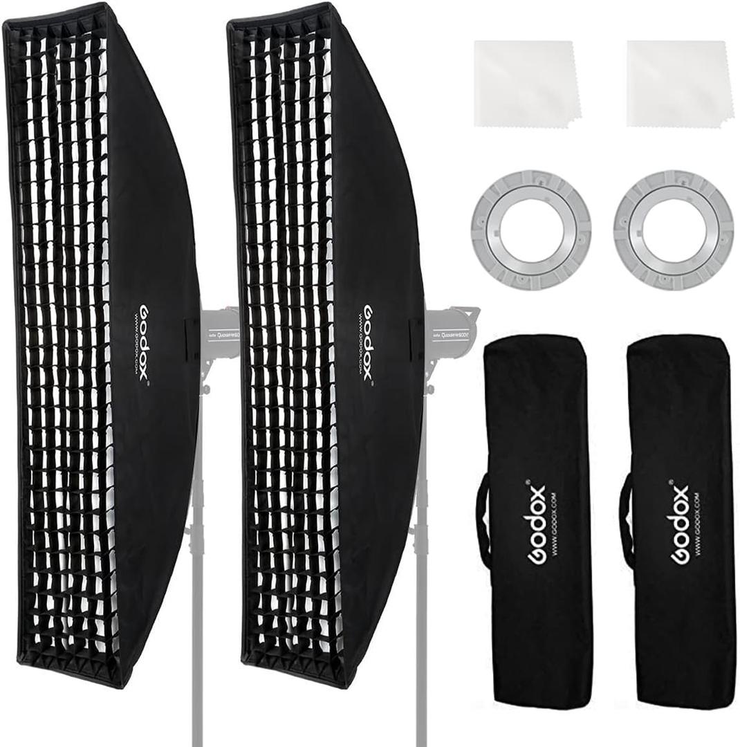 Godox 2PCS FW30x120cm/12 x47 Bowens Mount Strip Honeycomb Grid Softbox,Detachable Strip Soft Box with Bowens Mount Speedring,Curved Grid Softbox for Studio Strobe Flash Portrait Product Photography