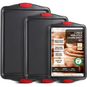 Baking Sheet Set, 3-Piece Cookie Sheet Set with Silicone Handles, Steel Baking Pan, Durable Baking Sheets for Oven, BPA Free Cookie Sheets for Baking Nonstick Set, Premium Sheet Pan, Black Baking Tray