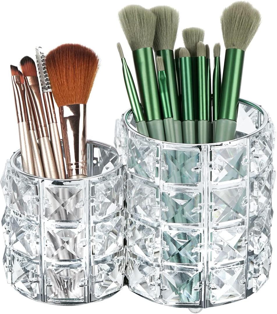 LUEXBOX Crystal Makeup Brush Holder Organizer, Cosmetic Makeup Brush Storage Container Cup for Table, Dresser, Bathroom, Bedroom Organization, One-Piece Circular Brush Organizer (silver)