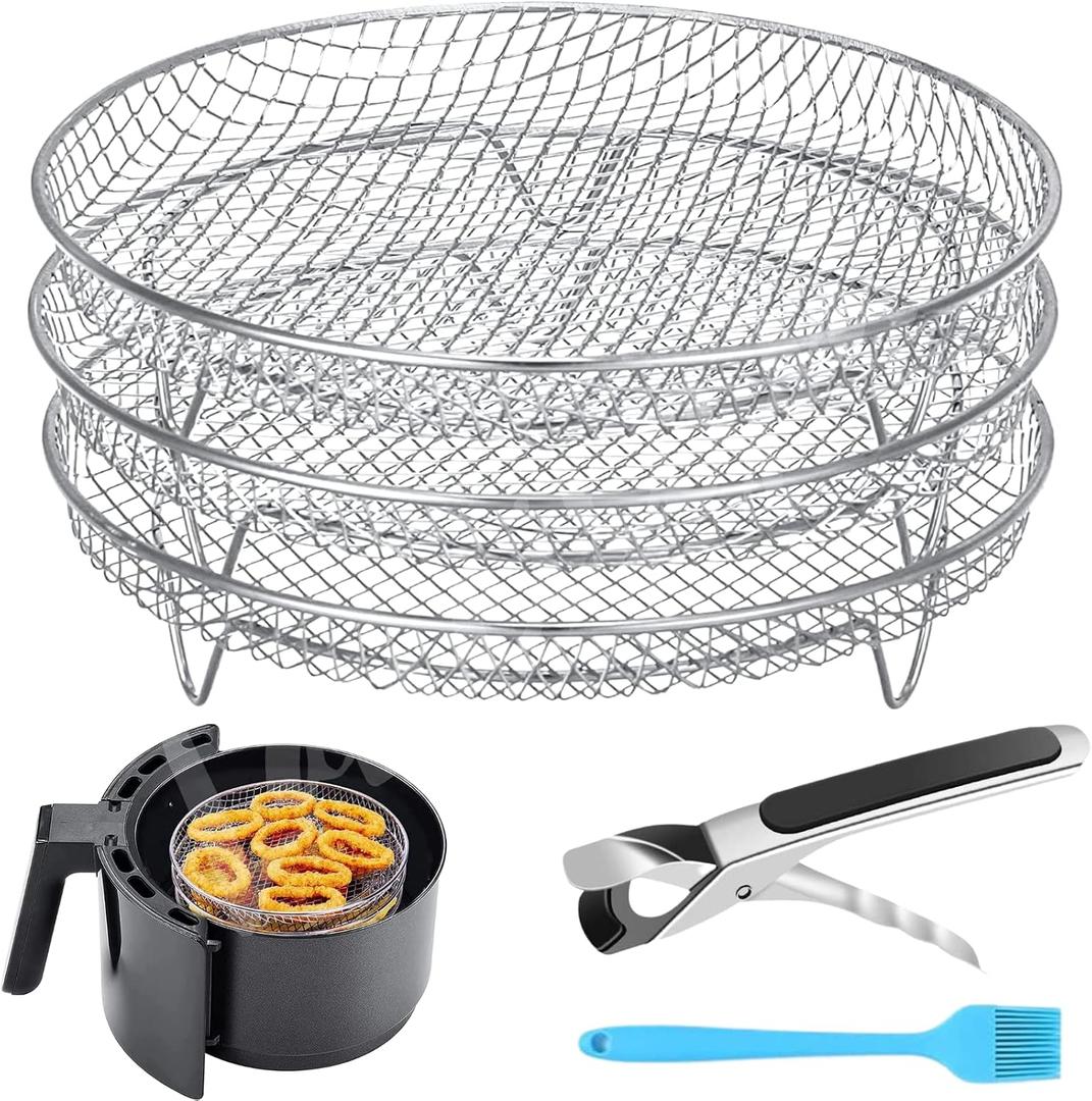 Air Fryer Accessories - Three Stackable Dehydrator Racks for Ninja, Instant Pot Vortex, COSORI, CHEFMAN, Gowise, Ultrean, Gourmia - 304 Stainless Steel Grill Rack Fits 4.2-5.8 QT Air Fryer, Oven, 8x8x1.6 inches