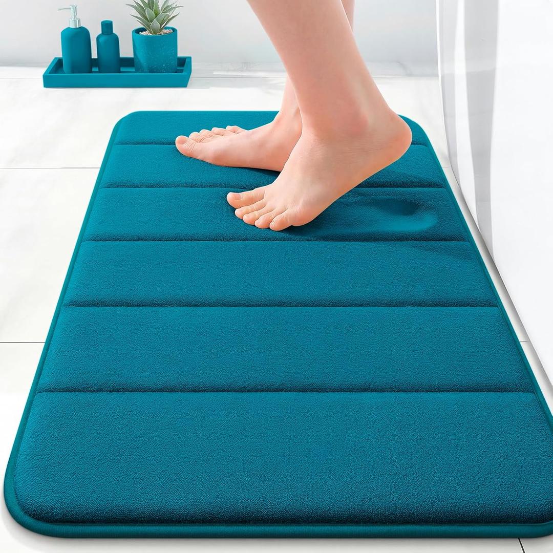 OLANLY Memory Foam Bath Mat 24x16, Super Soft Absorbent Bathroom Rugs, Quick Dry, Machine Washable Shower Floor Rugs, Bathmat Carpet, Bathroom Home Decor Accessories, Peacock Blue