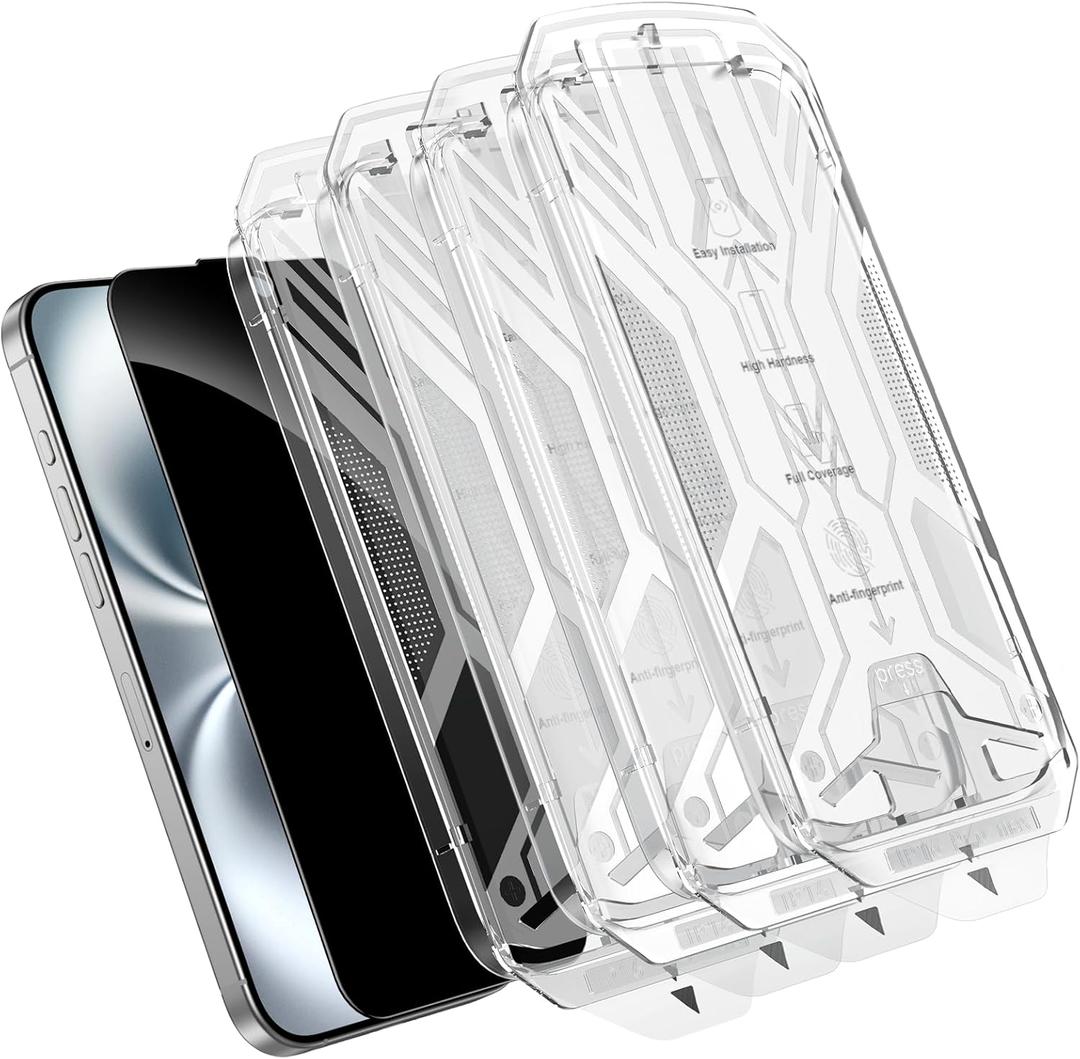 Didisky 4-Pack for iPhone 16 Privacy Screen Protector Tempered Glass, [Military Grade Shatterproof & 25 Anti-Spy], [Fingerprint Unlock Support], [4 Fast Alignment Tools], 9H Hardness