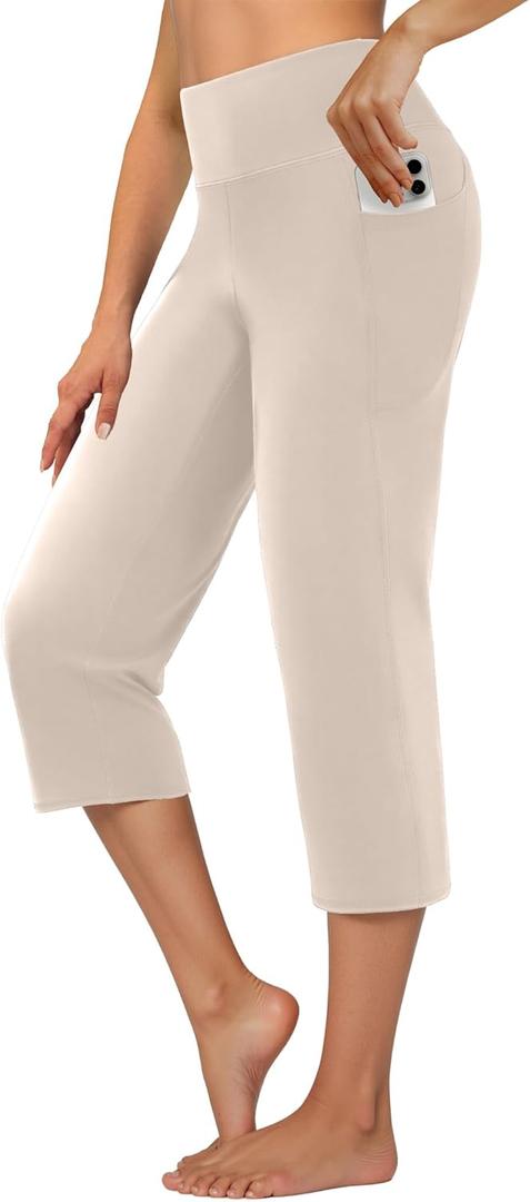 DLOODA Capri Pants for Women High Waist Cropped Yoga Pants Straight Leg Athletic Workout Leggings with Pockets Khaki, M