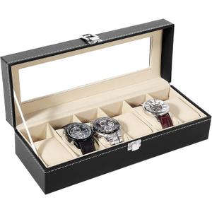 Uten Watch Box, 6 Slots Watch Case, Watch Box Organizer Jewelry Storage with Large Glass Lid, Watch Display Case, Watch Box for Men & Women