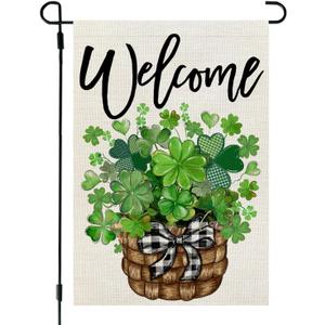 CROWNED BEAUTY St Patricks Day Garden Flag Shamrocks Clover Basket 12x18 Inch Double Sided Green Holiday Decoration for Outdoor Lawn Yard CF1932-12