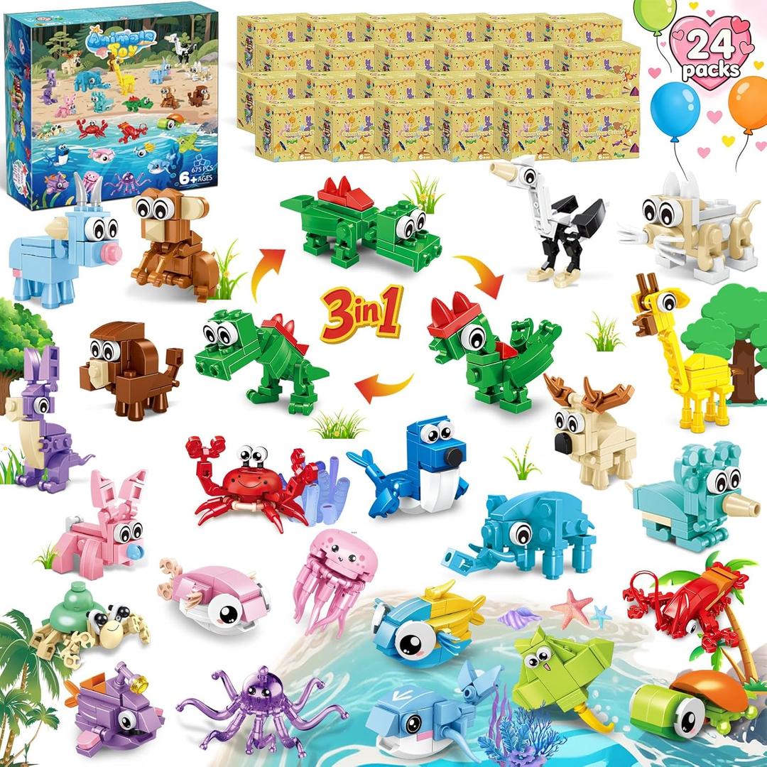 24 Packs Easter Party Favors for Kids, Mini Animal Building Block Toy Sets for Easter Basket Stuffers Goodie Bag Classroom Prizes for Kids Valentines Birthday Gift for Boys Girls Ages 6-12