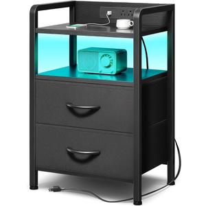 Lazzanto Night Stand Bedside Charger Bedroom - Nightstand with Charging Station & LED Light Strip, Night Stand with Storage Shelf & 2 Fabric Drawers, Morden End Table with U-S-B Ports & AC Outlets(11.4"D x 15.6"W x 24.4"H)