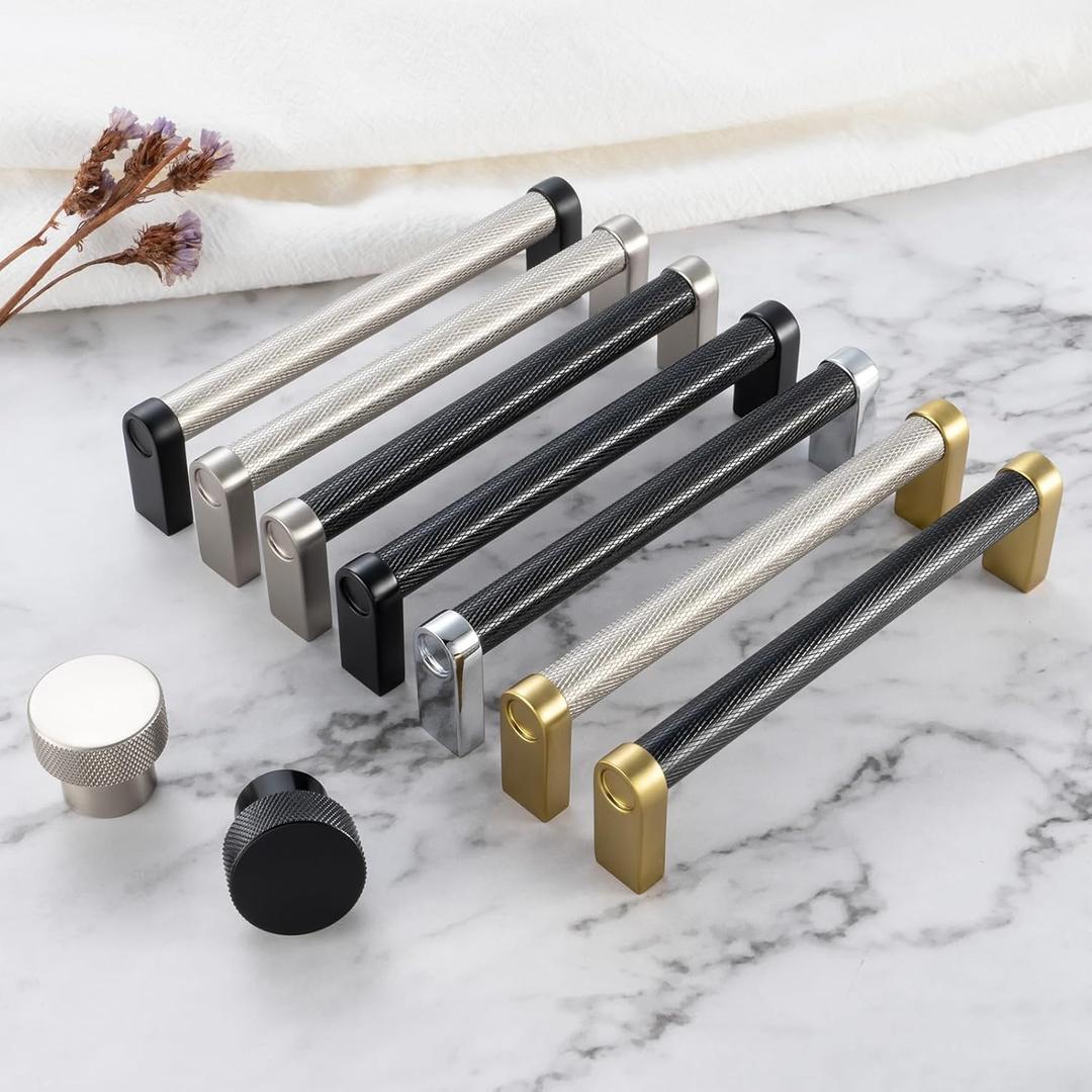5 Pack 5 Inch Knurled Black and Gold Cabinet Pulls Matte Black and Brushed Gold Cabinet Handles AP1311 Knurled Kitchen Hardware for Cabinets Drawers Dresser Cupboard Bedroom Bathroom Vanity